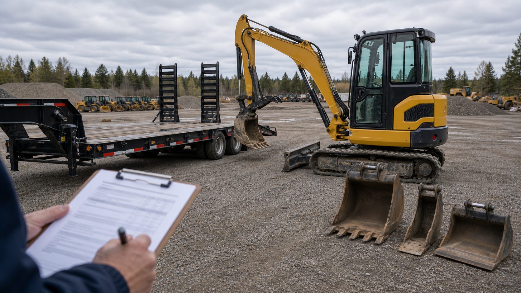 Machine configuration and attachments reviewed together for equipment hauling transport planning.
