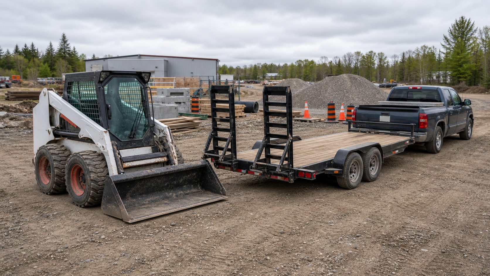 Jobsite staging before equipment transport for equipment hauling transport planning.