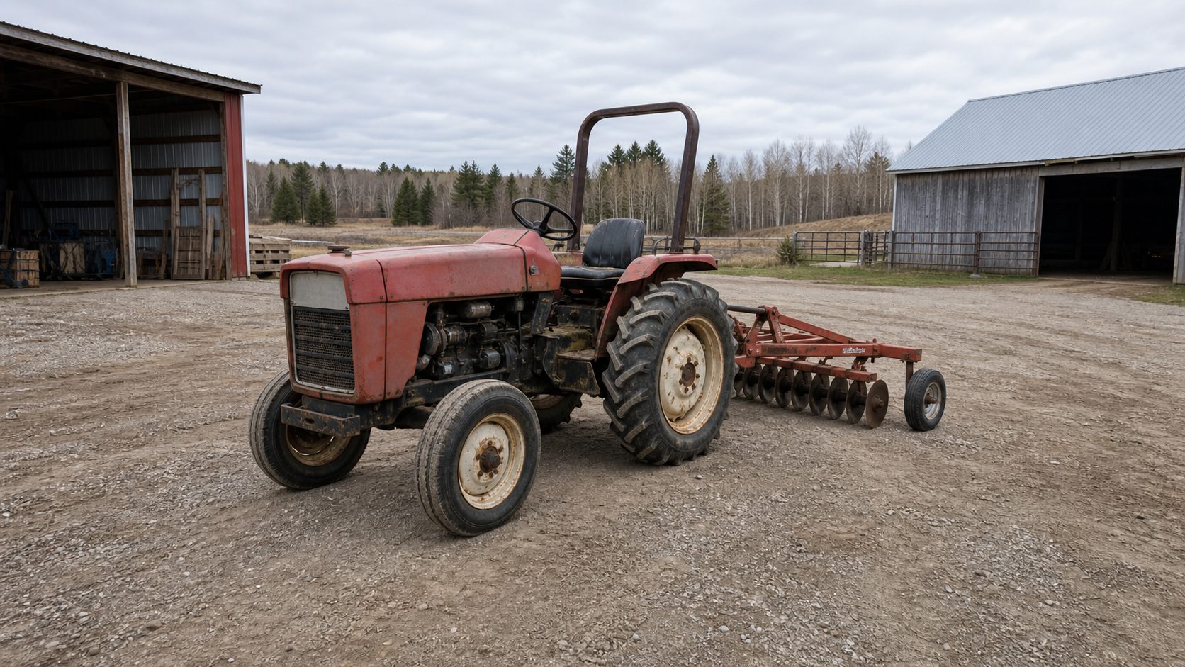 Farm equipment shown in its current pickup configuration for equipment hauling transport planning.