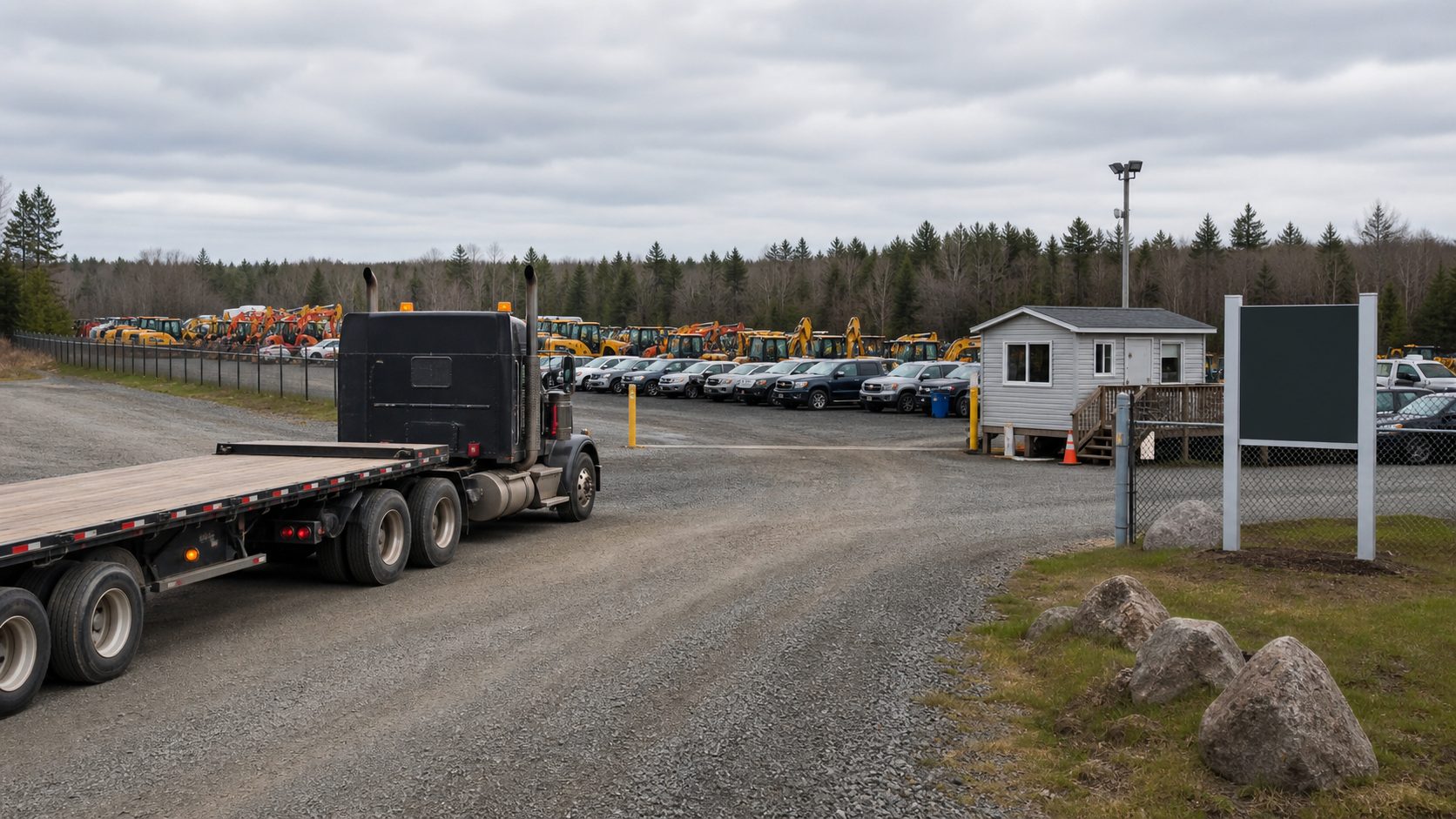 Yard rules, lot location, and pickup access context for route and access planning transport planning.