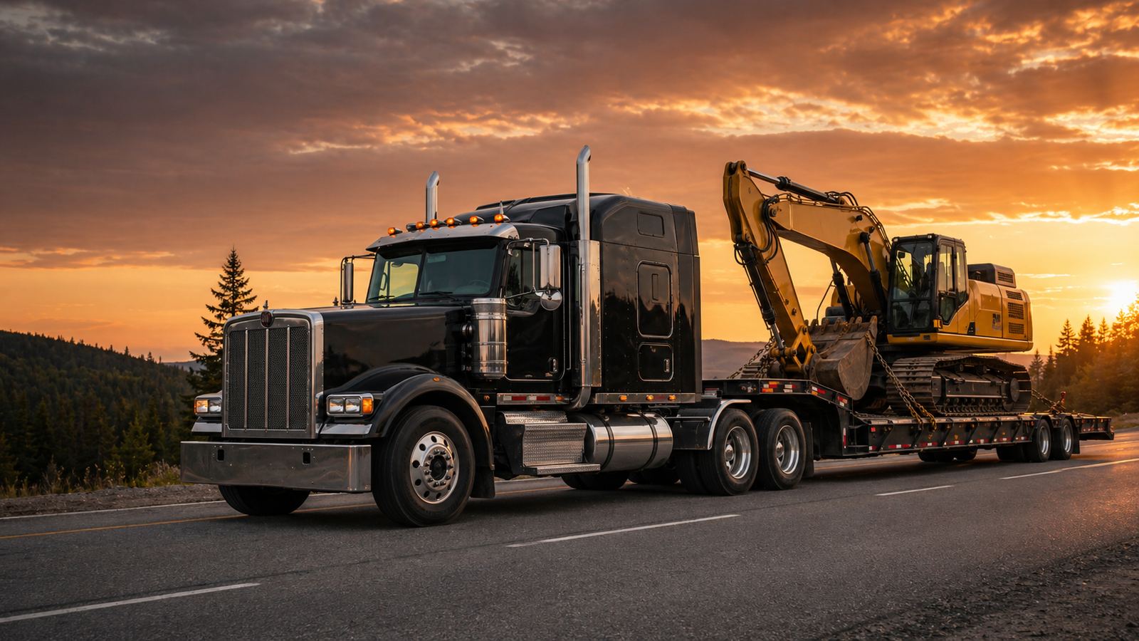 Semi truck with two rear axles hauling construction equipment